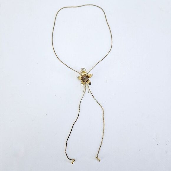 Vintage Jewelry - Vintage Gold Tone Textured Mesh Rose Floral Lariat Slide Adjustable Necklace